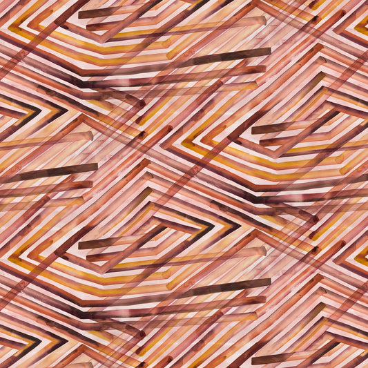 Geometric pattern with lines in brown, orange, and pink tones.