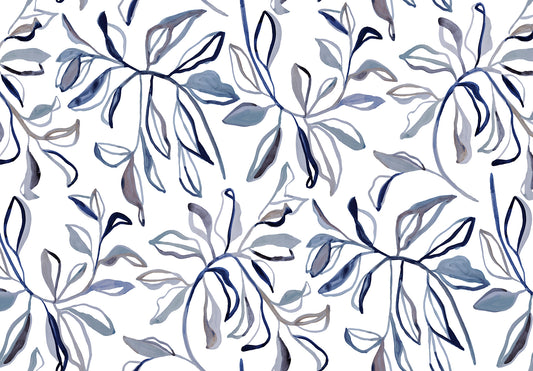 Pattern of blue leaves on a white background