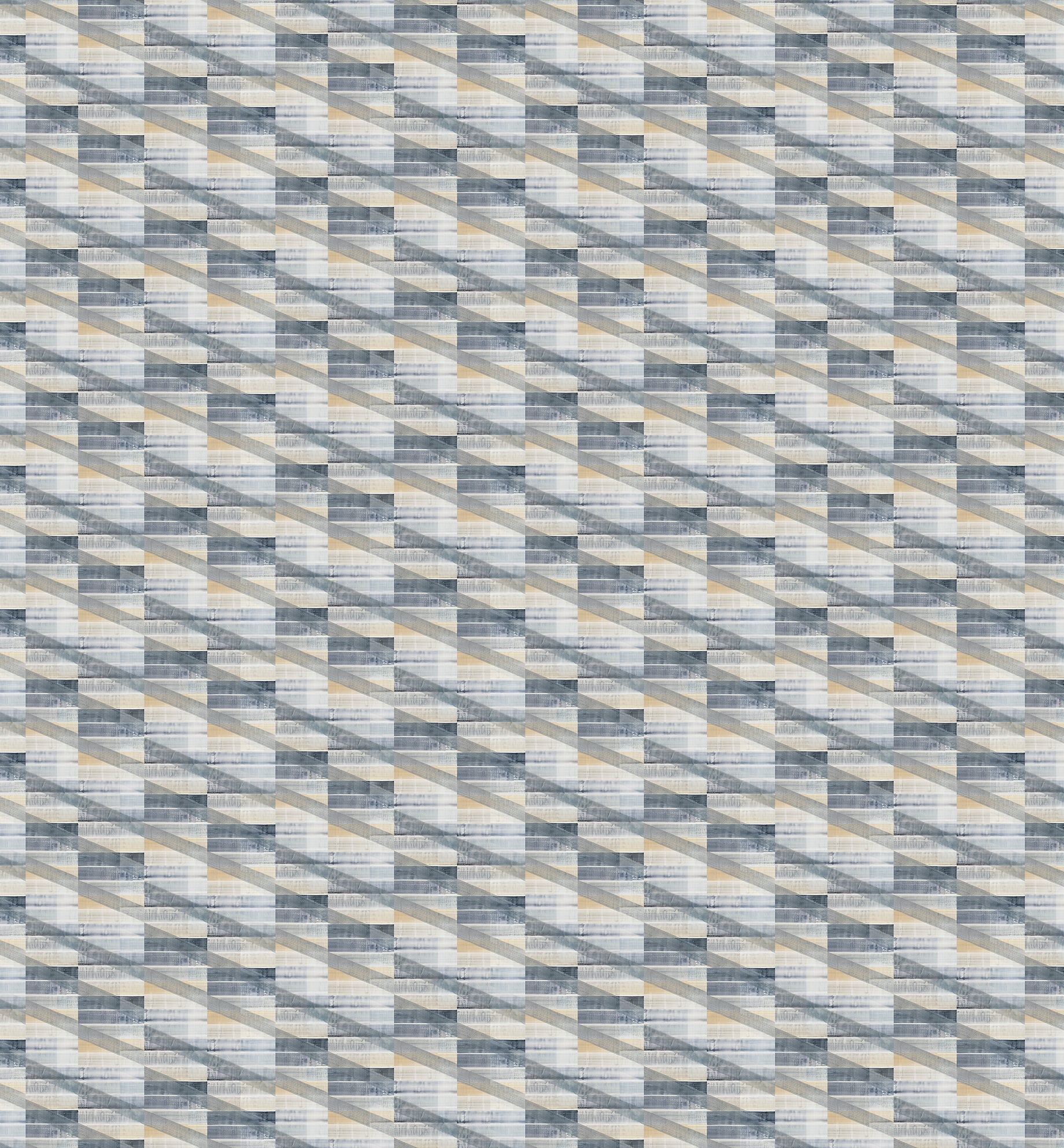 Patterned fabric with a geometric design in gray, blue, and beige tones.