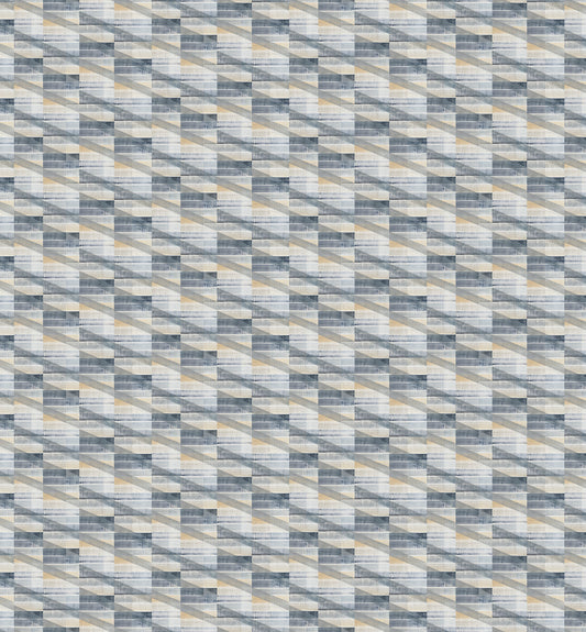 Patterned fabric with a geometric design in gray, blue, and beige tones.