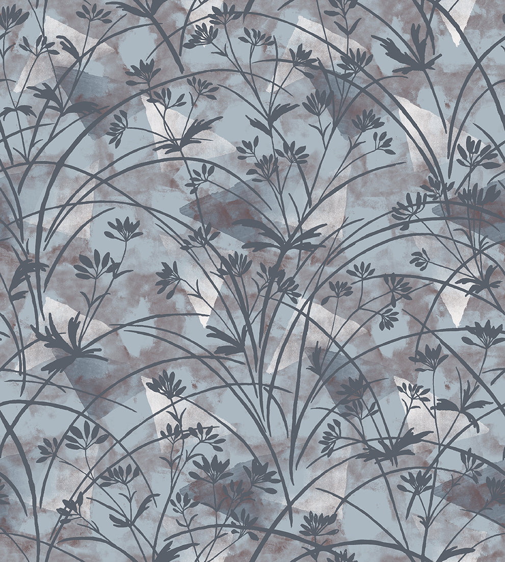 Decorative wallpaper with blue floral pattern on a textured background
