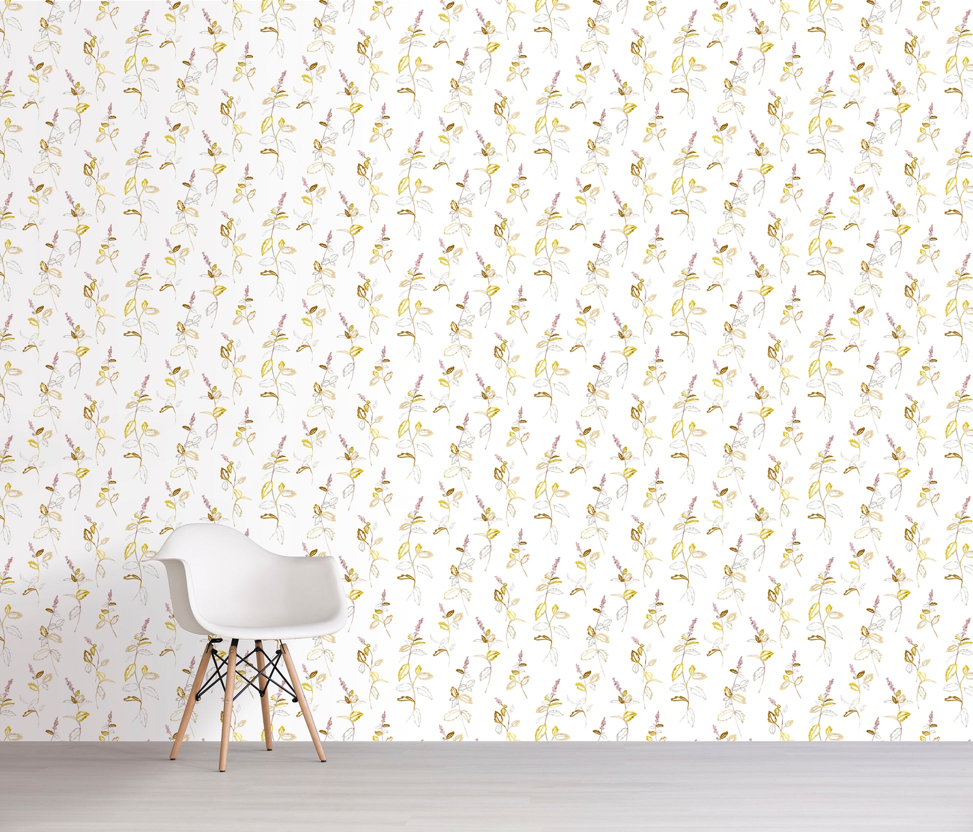 White wall with a pink floral patterned wallpaper and a white chair in front.