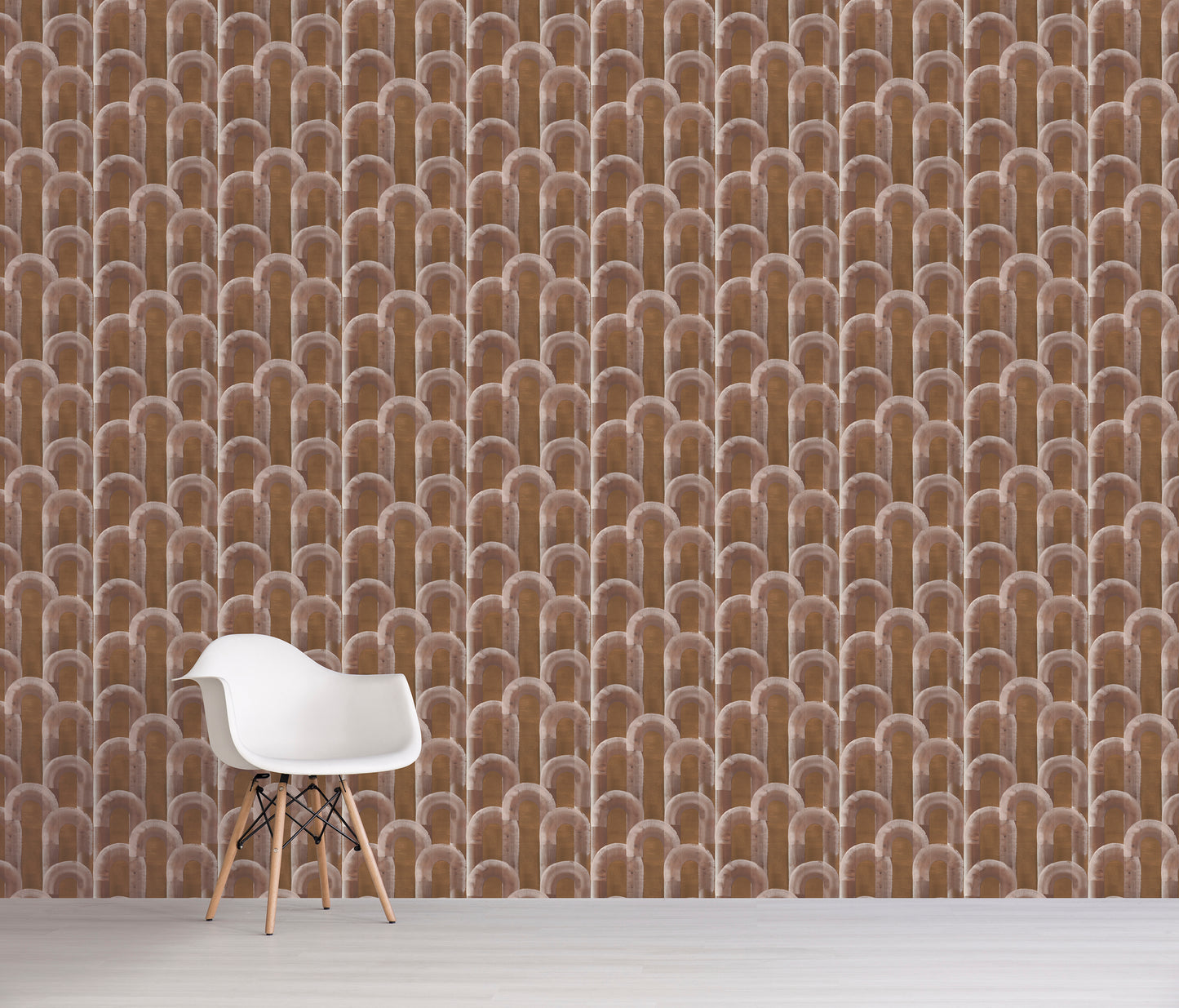 White chair against a brown patterned wall