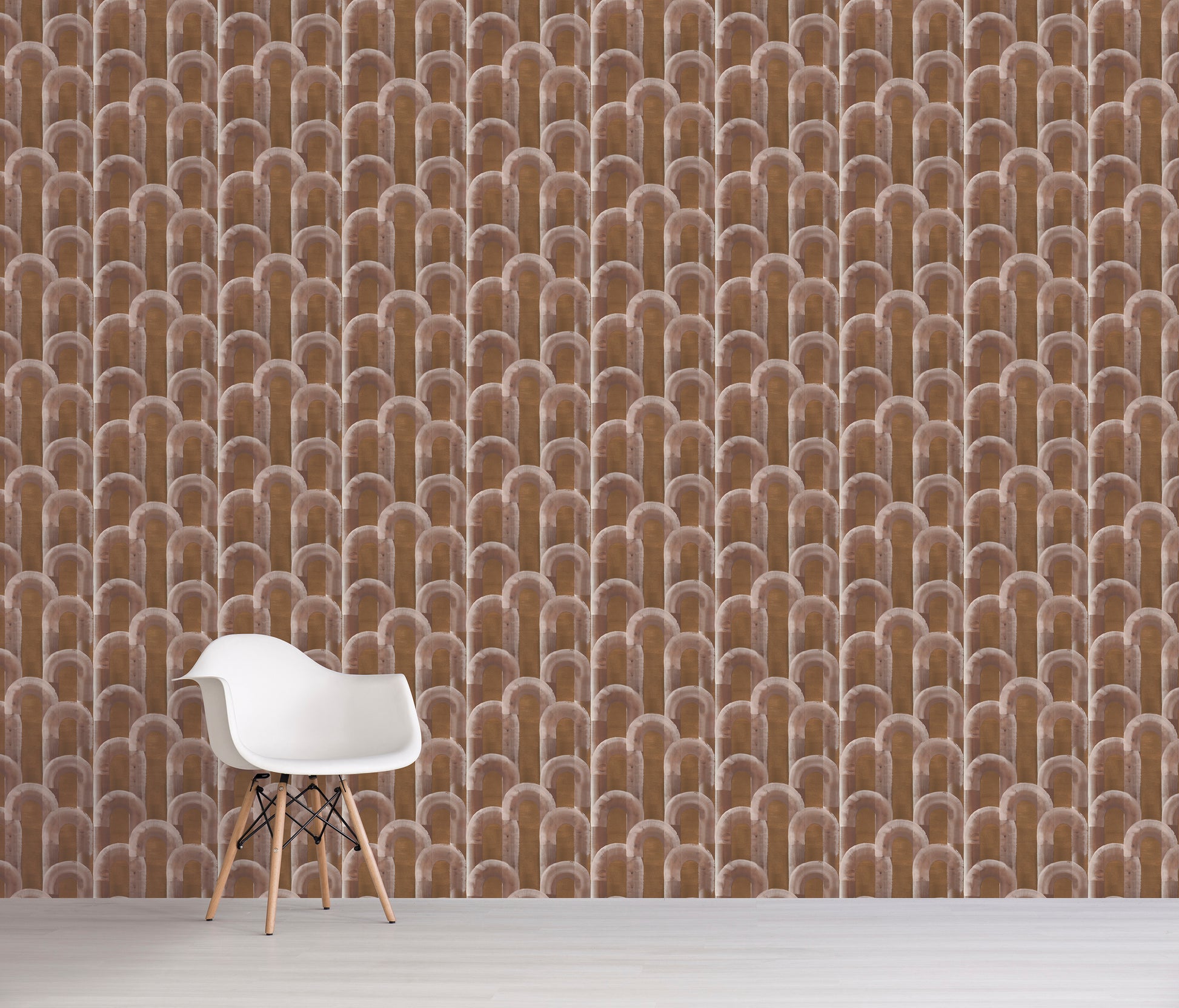 White chair against a brown patterned wall