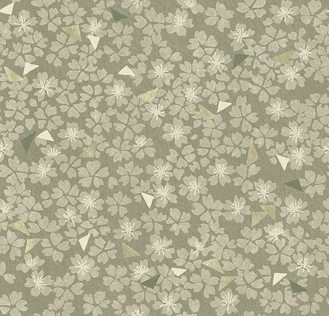 Green floral pattern with small flowers and leaves on a green background
