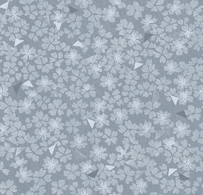 Blue floral pattern with white flowers on a gray background