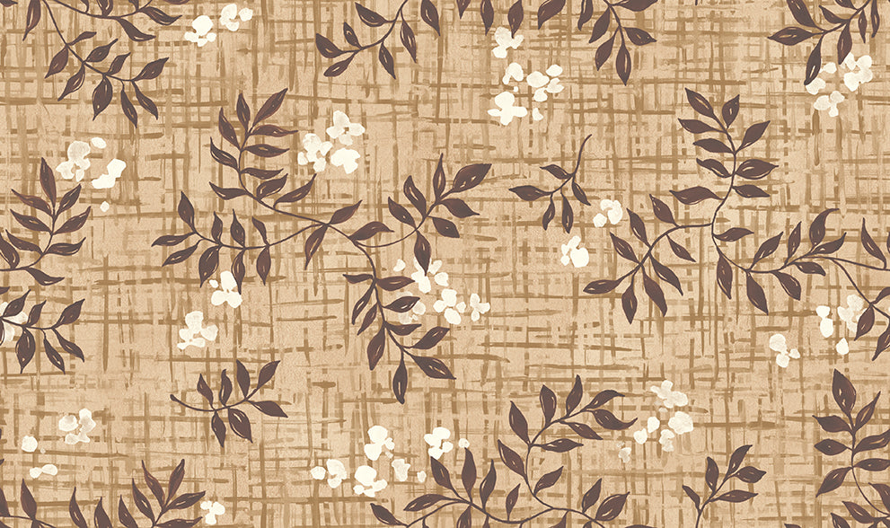 Brown floral pattern with leaves and flowers on a textured beige background