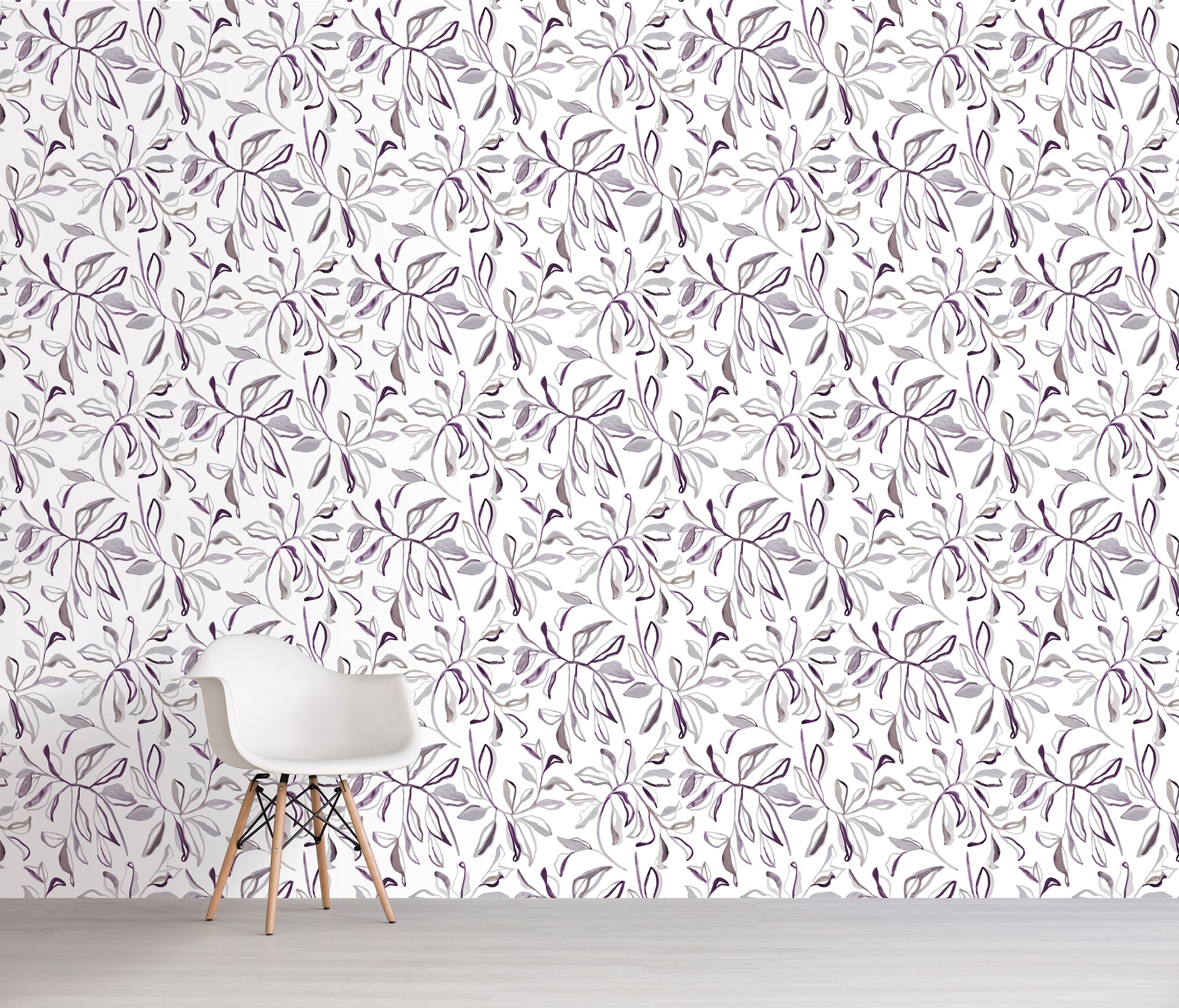 Wallpaper with a lavender floral pattern in white on a plain wall with a chair in front.