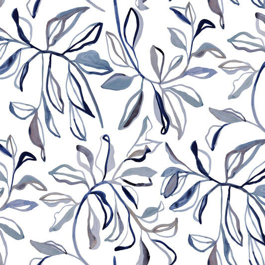 Pattern of blue leaves on a white background