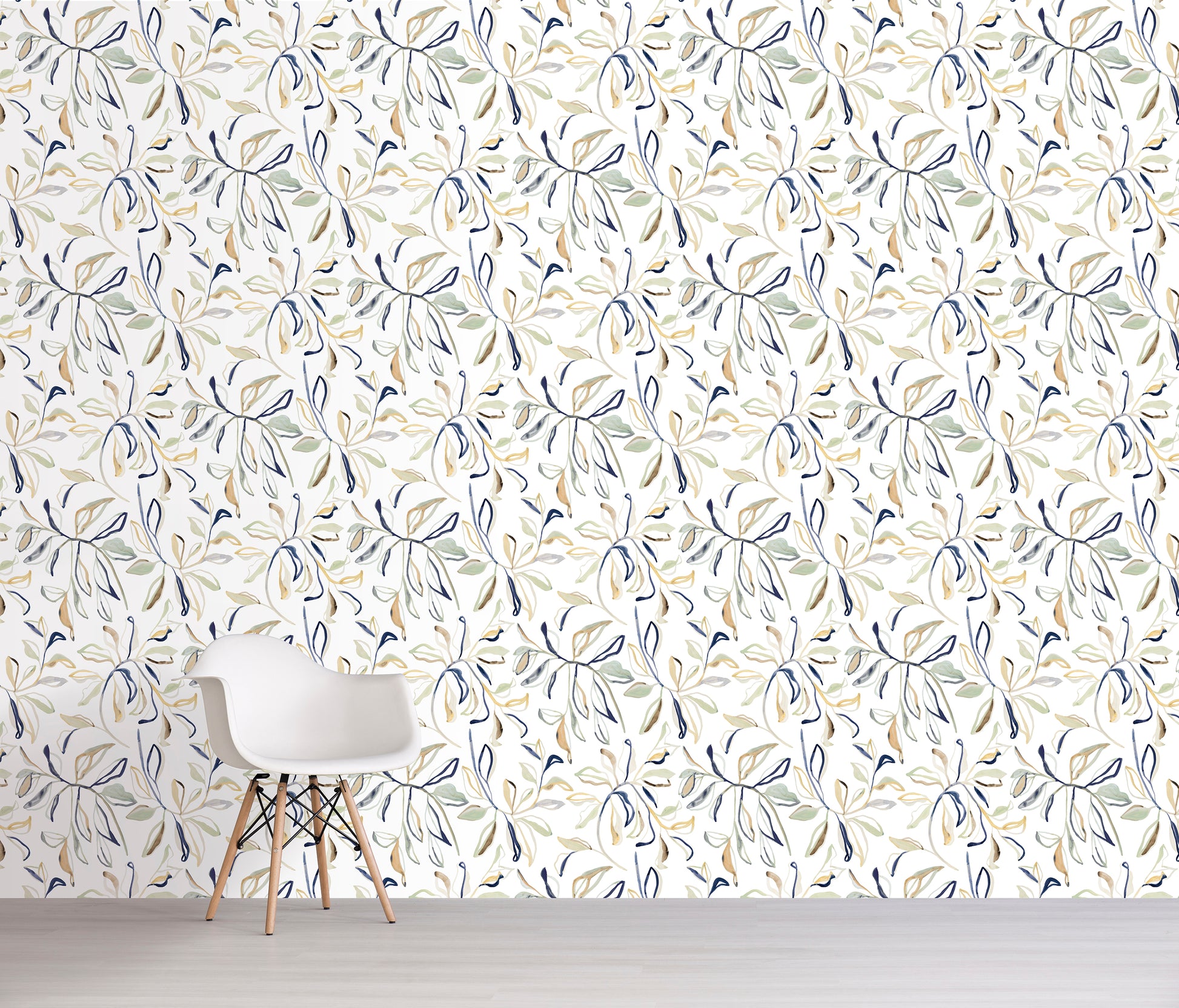 Floral patterned blue and green wallpaper with a chair in front