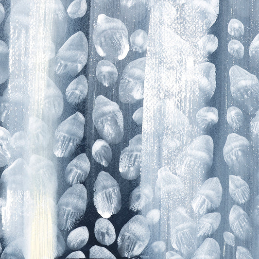 Closeup of white orbs on blue background