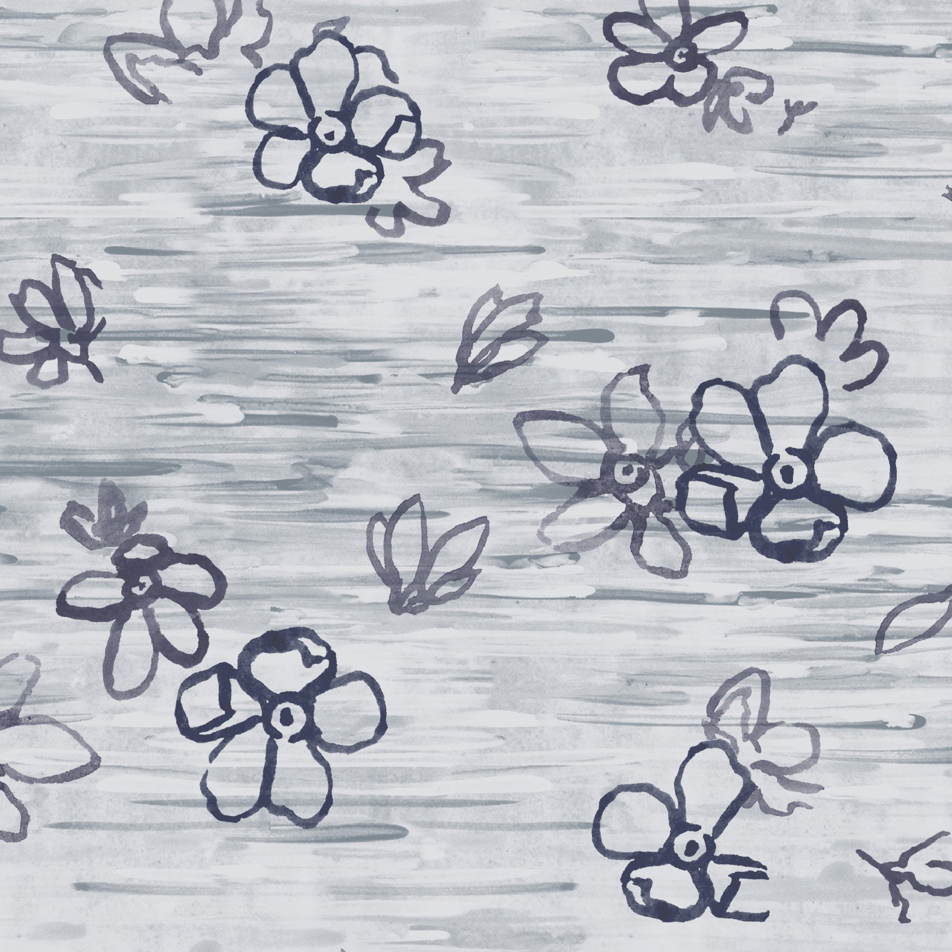 Pattern of stylized blue flowers on a textured gray background