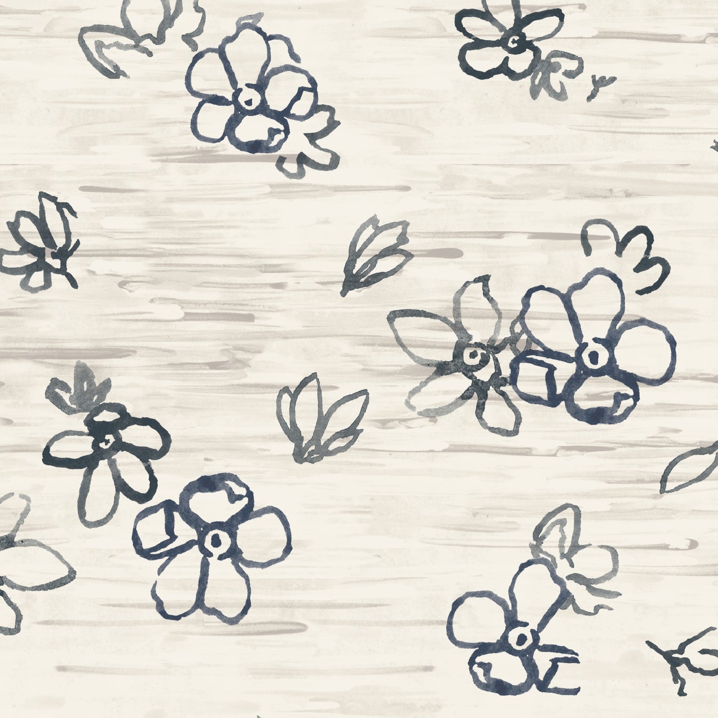 Pattern of hand-drawn blue flowers on a textured beige background