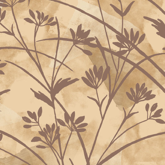 Brown floral silhouette pattern on a beige textured background