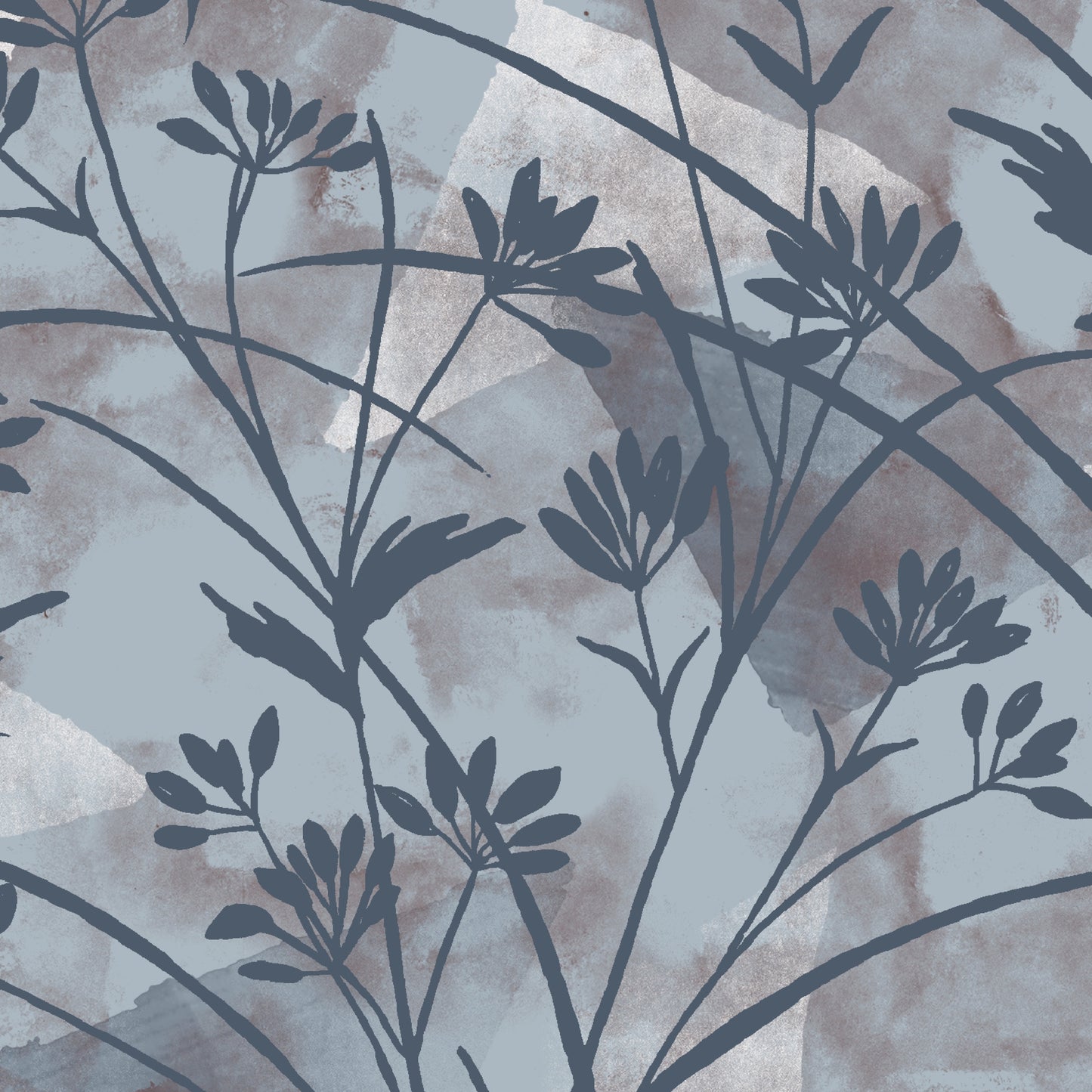 Silhouette of blue plants on a textured background with geometric patterns