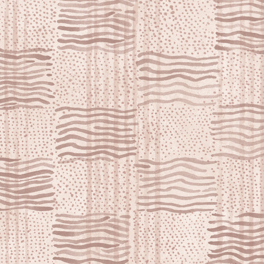 Patterned fabric with pink wavy lines and dots on a beige background