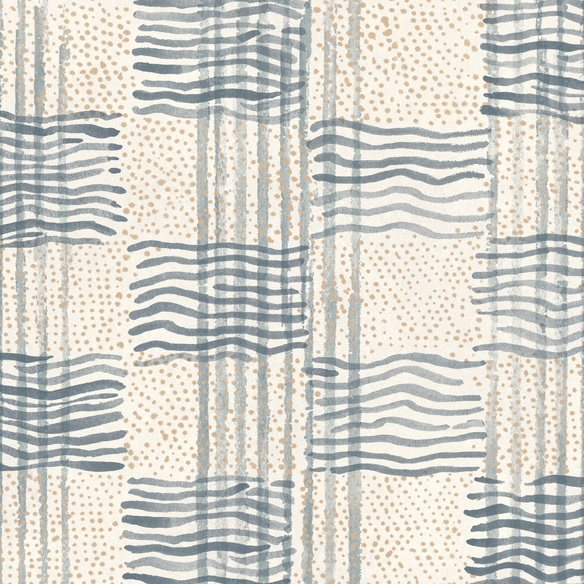 Textured pattern with blue wavy lines and dot accents on a beige background