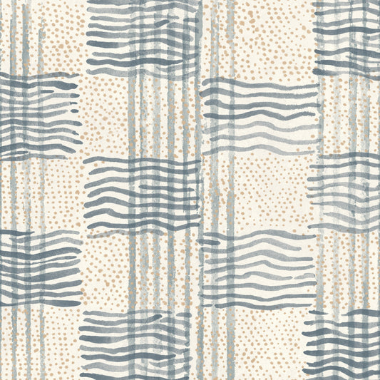 Textured pattern with blue wavy lines and dot accents on a beige background