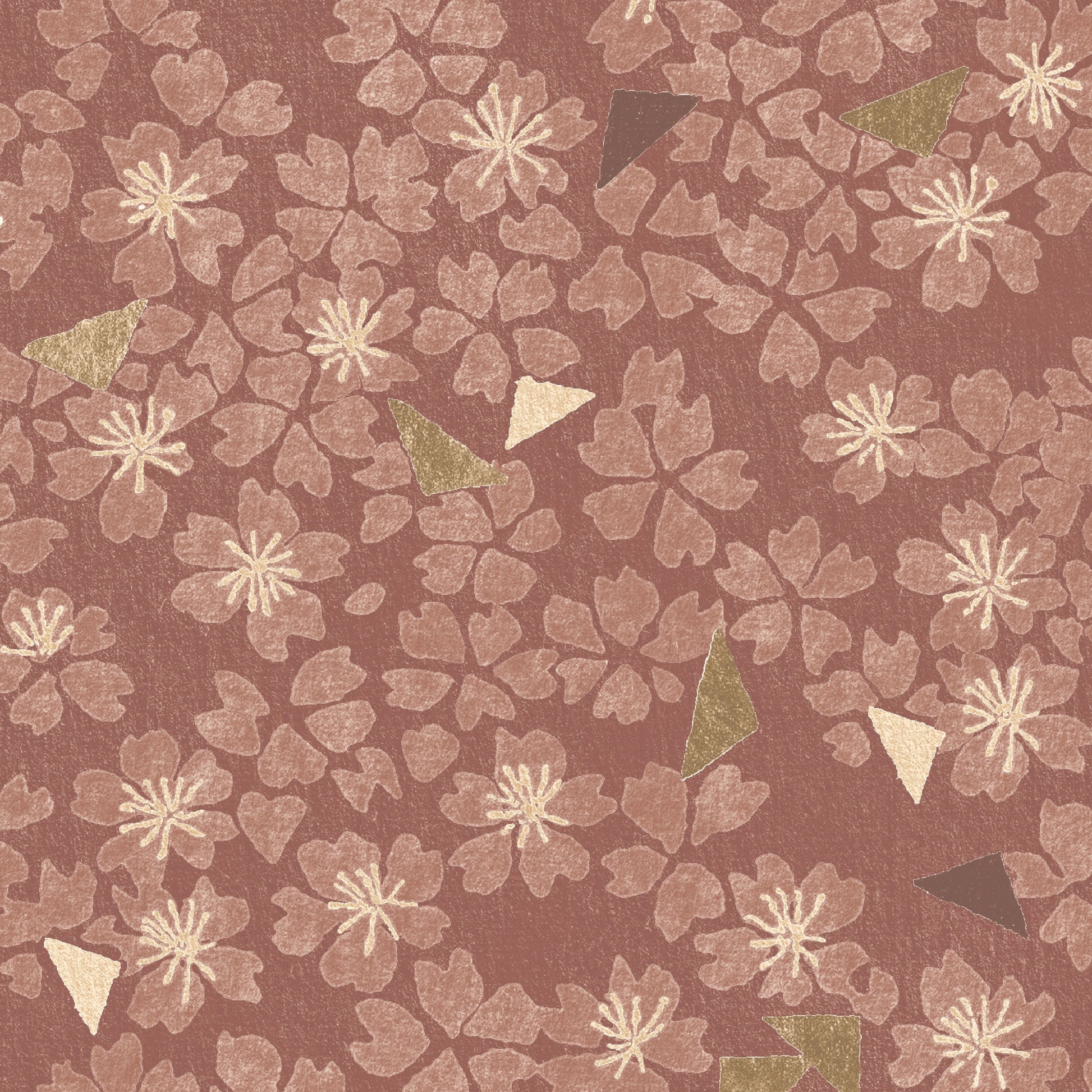Patterned fabric with floral and geometric shapes on a brown background