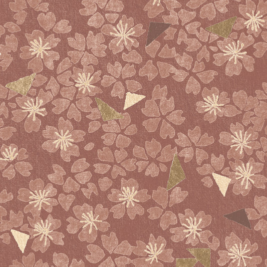 Patterned fabric with floral and geometric shapes on a brown background