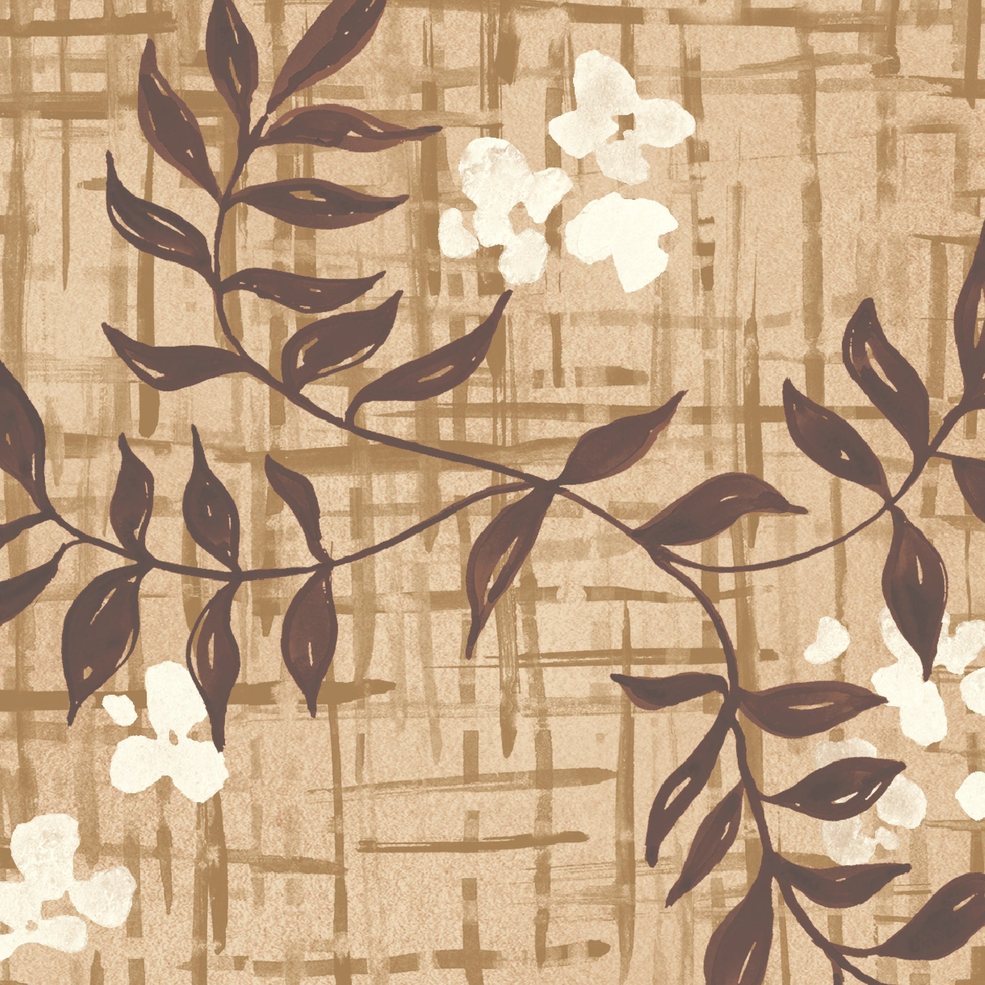 Pattern of brown leaves and flowers on a textured beige background