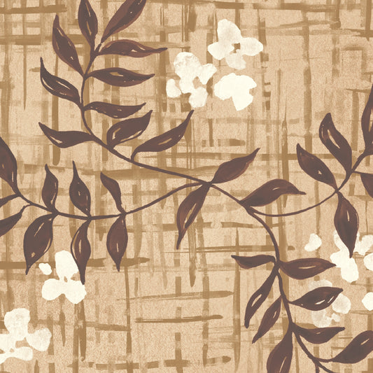 Pattern of brown leaves and flowers on a textured beige background
