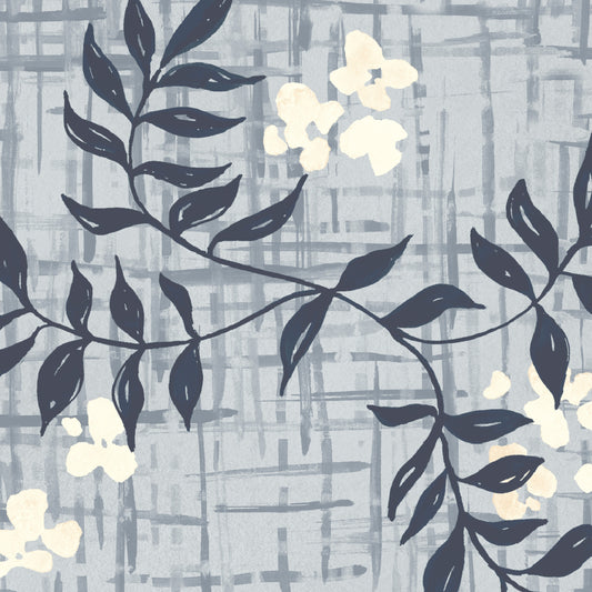 Pattern with dark blue leaves and light yellow flowers on a textured gray background