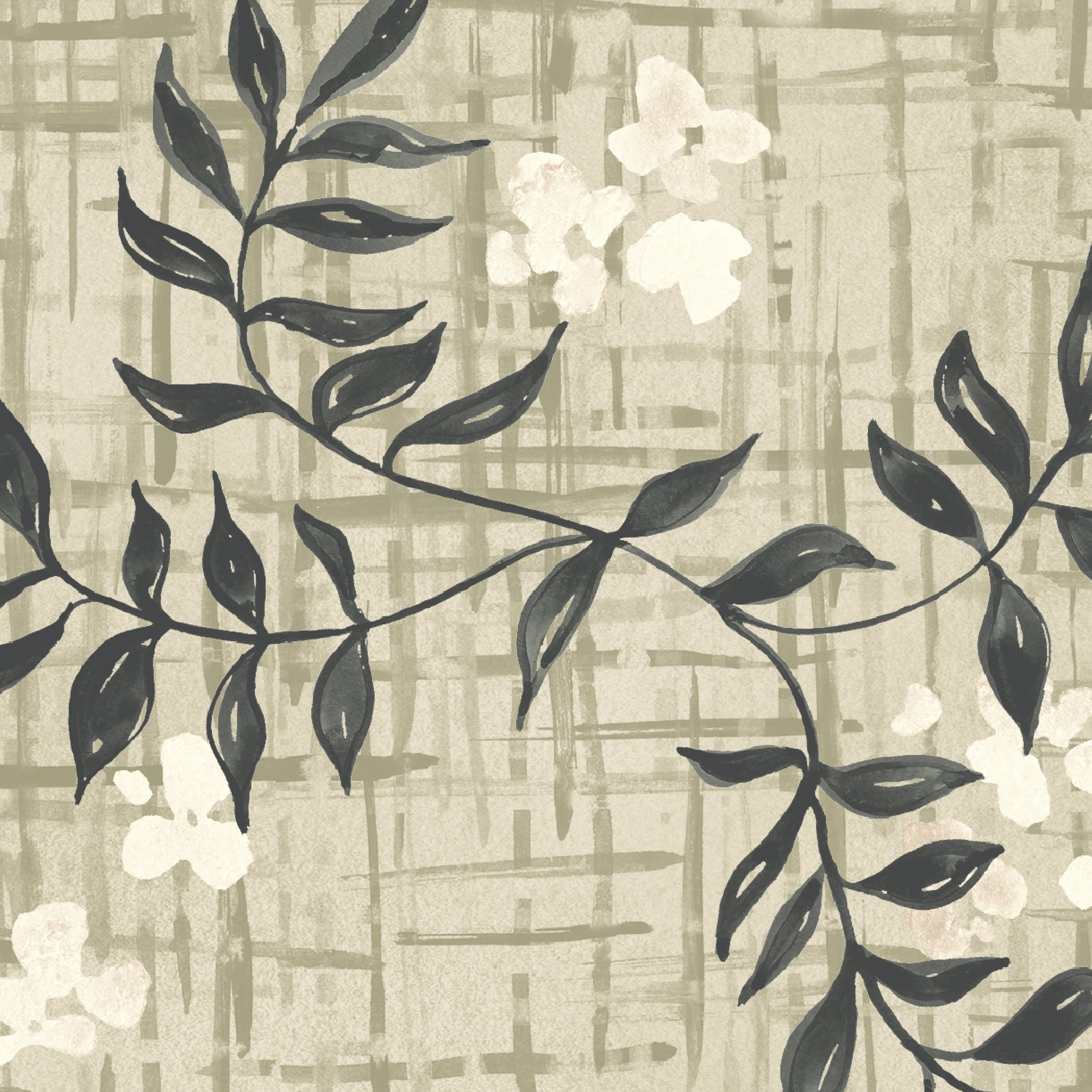 Decorative wallpaper with dark green leaf branches and white flowers on a textured beige background