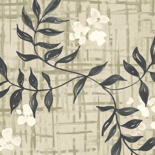 Decorative wallpaper with dark green leaf branches and white flowers on a textured beige background