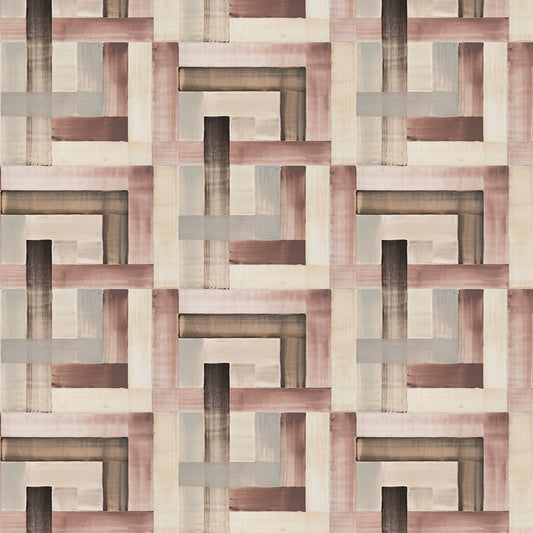 Patterned wallpaper with a geometric design in shades of brown and beige.