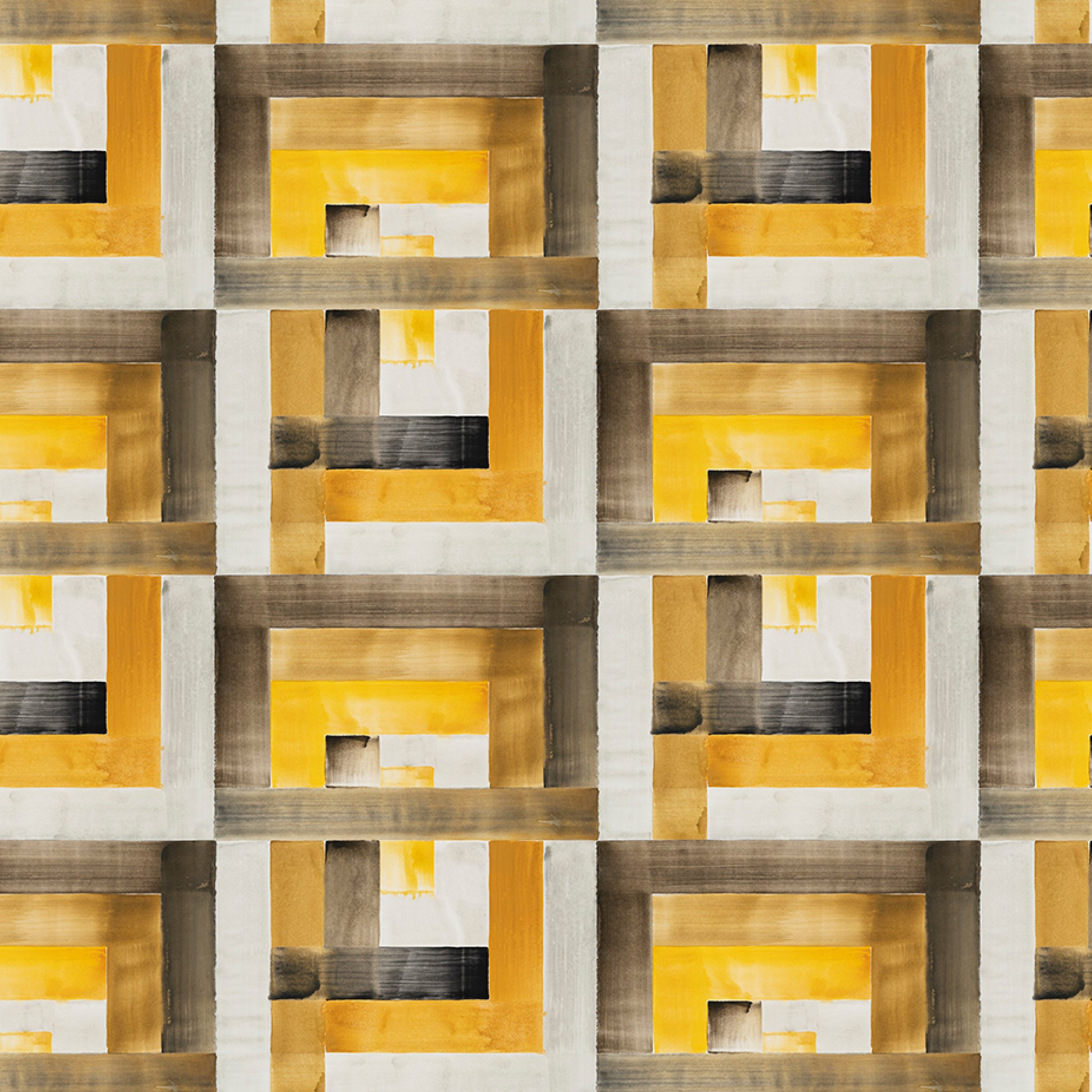 Geometric pattern with interlocking squares in brown, yellow, and gray.