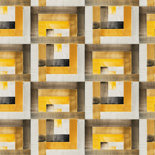 Geometric pattern with interlocking squares in brown, yellow, and gray.