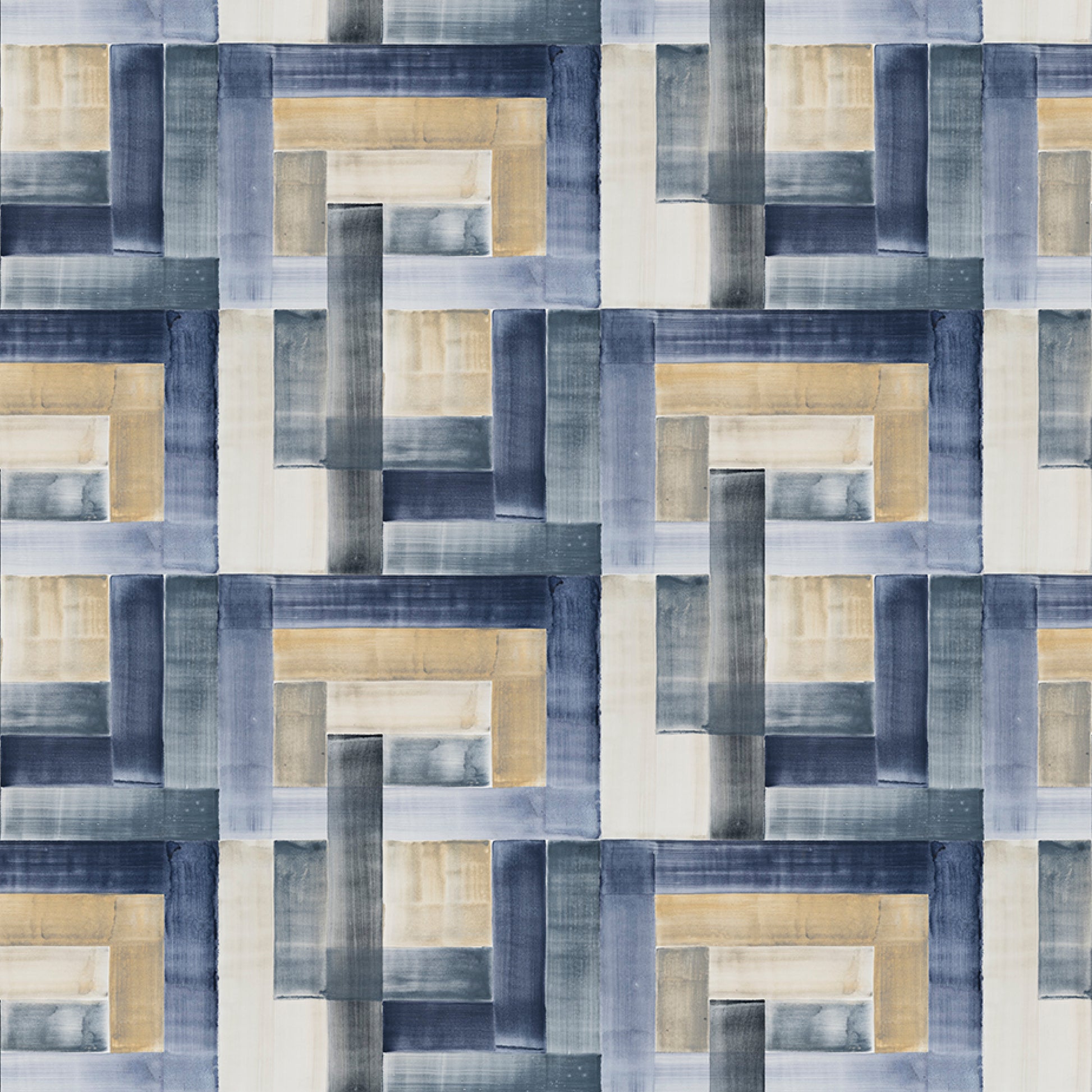 Patterned fabric with geometric design in blue, beige, and gray tones.