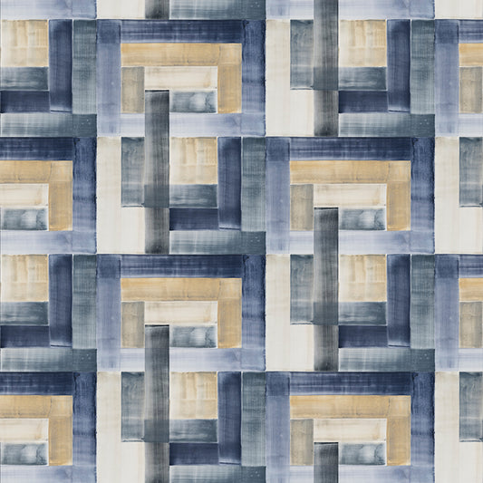 Patterned fabric with geometric design in blue, beige, and gray tones.