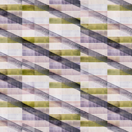 Patterned fabric with diagonal stripes in green, purple, and beige.