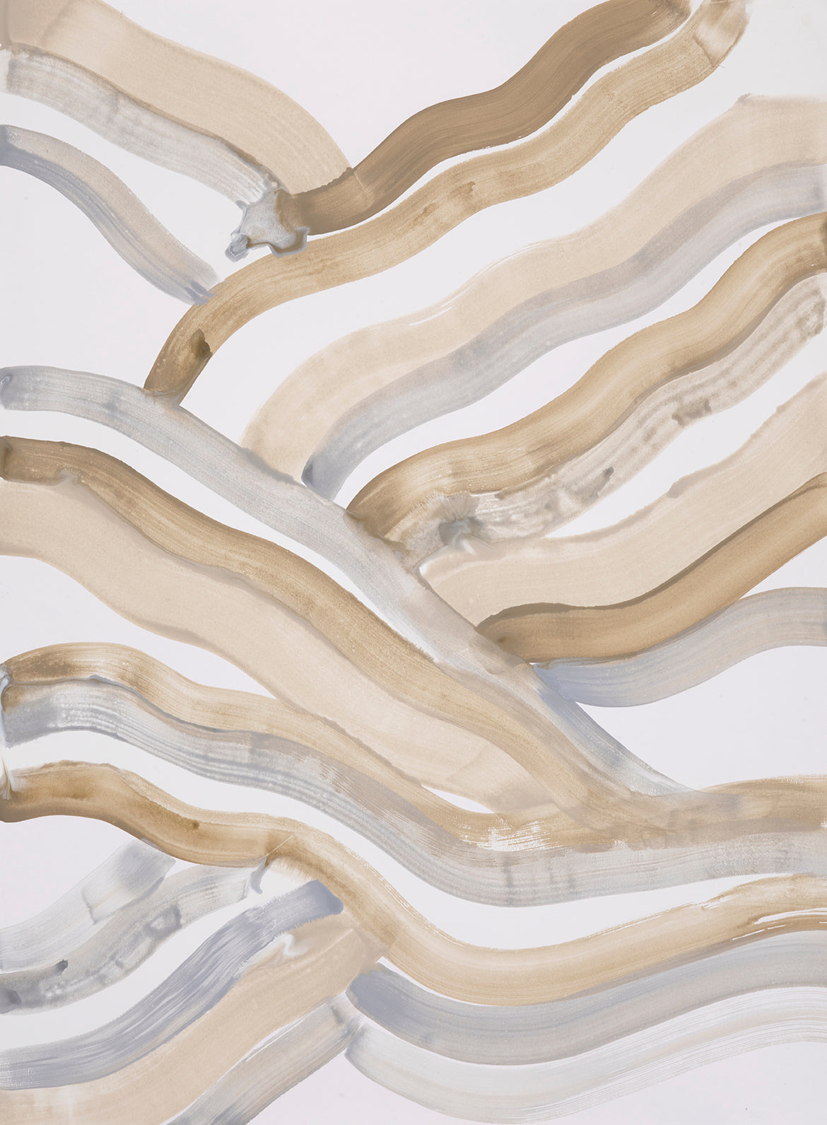 Abstract painting of wavy lines in beige, brown, and gray on a light background