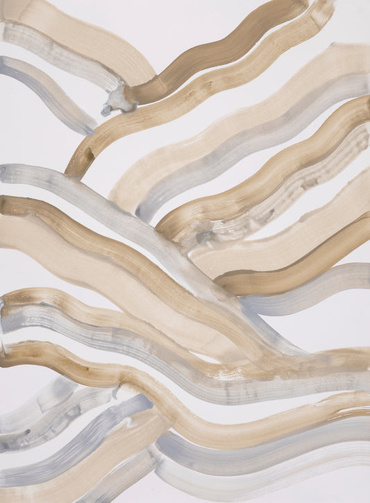 Abstract painting of wavy lines in beige, brown, and gray on a light background