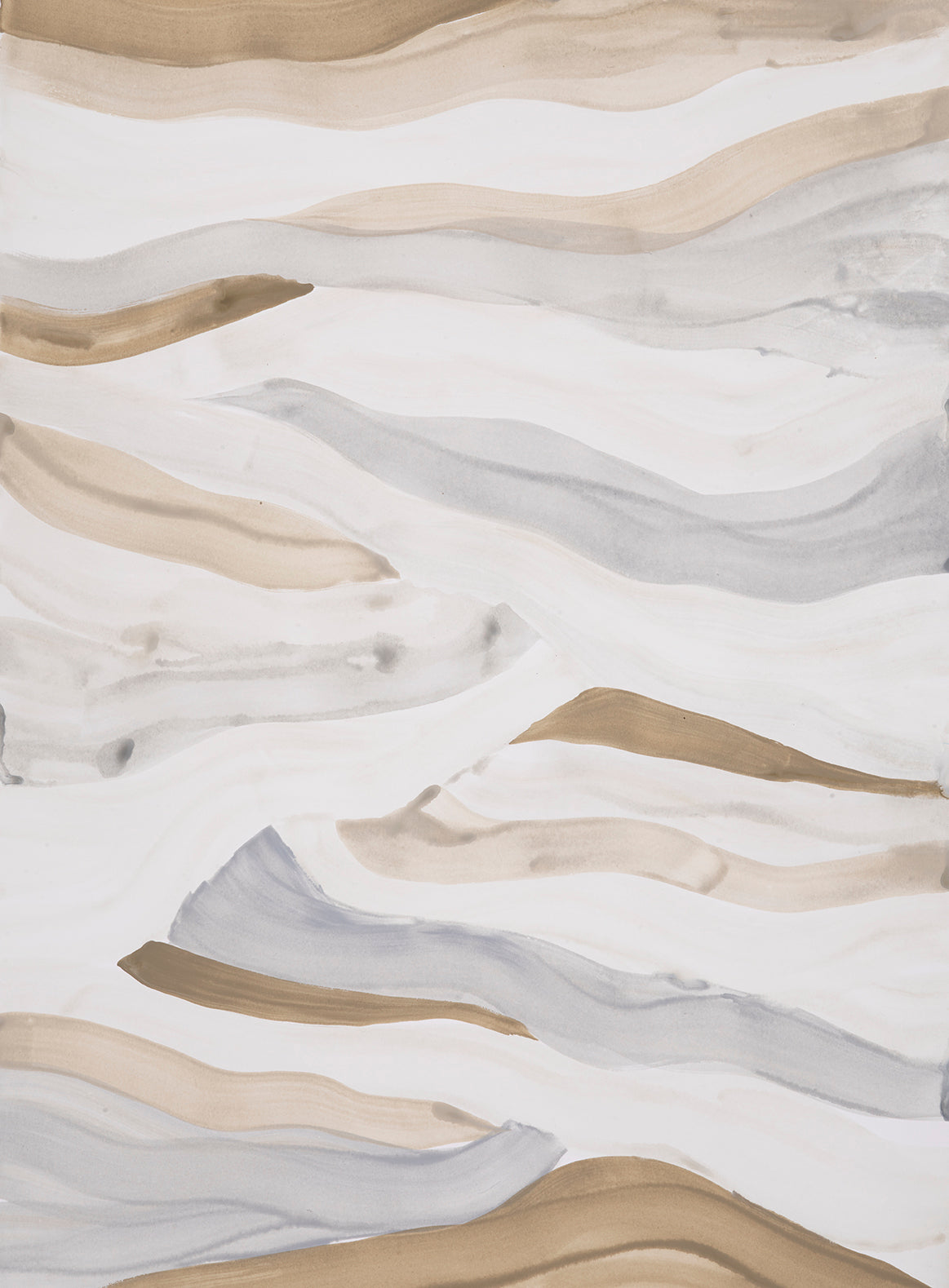 Abstract painting with wavy lines in brown, beige, and gray on a white background