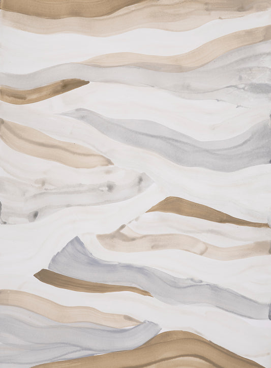 Abstract painting with wavy lines in brown, beige, and gray on a white background