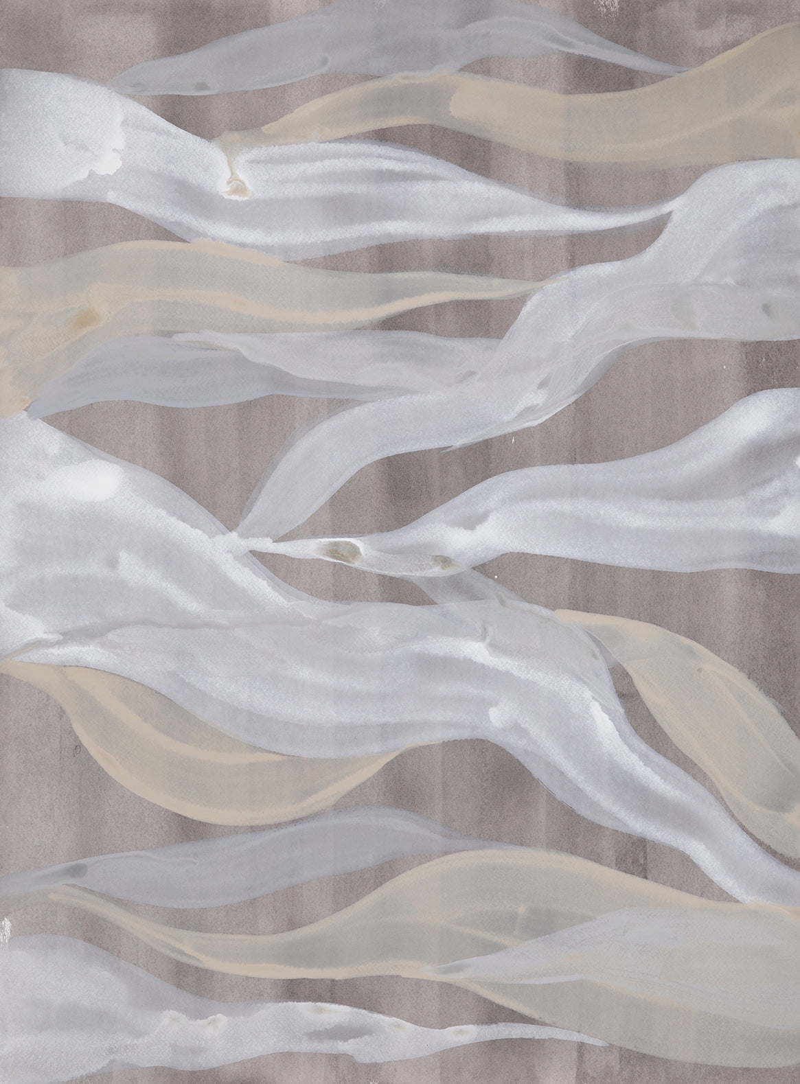 Abstract painting of wavy lines in white and beige on a textured brown background