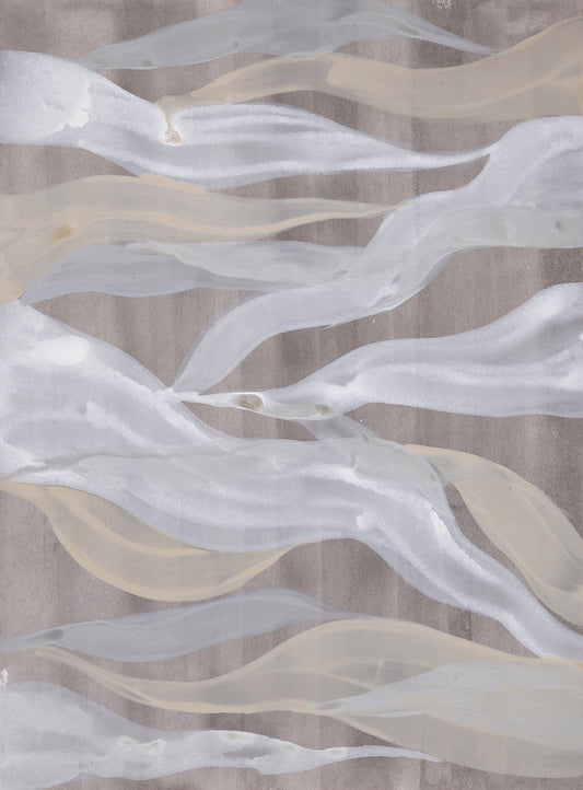 Abstract painting of wavy lines in white and beige on a textured brown background