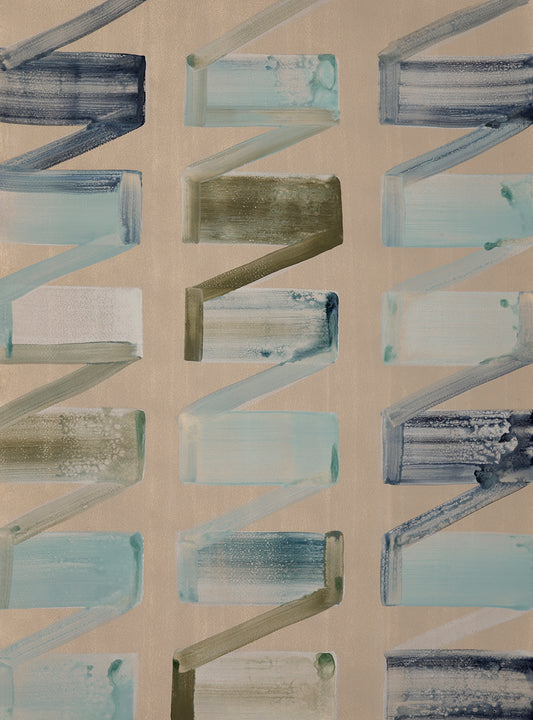 Patterned painting with abstract shapes in blue, green, and beige on a beige background