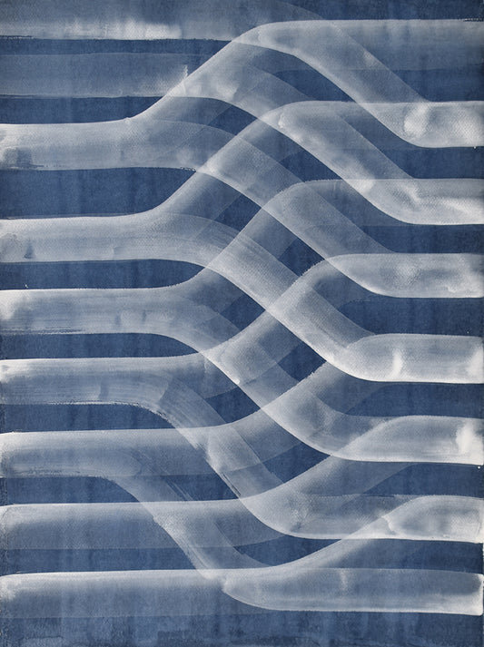 Abstract painting with wavy lines in blue and gray tones